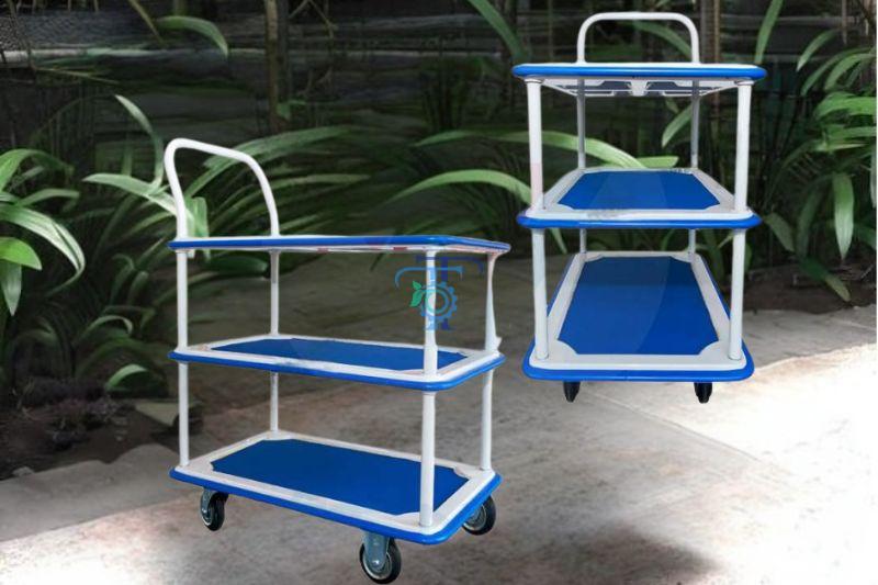 Xe đẩy 3 tầng sàn nhựa màu xanh